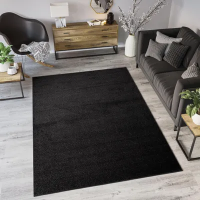 Produktbild von Teppich Kurzflor Wohnzimmerteppich Schlafzimmer Einfarbig Design Modern Schwarz 80 x 150 cm