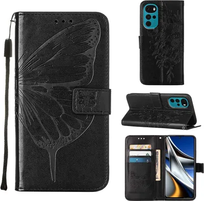 Obrázek produktu pro Moto G22 Pouzdro, Motýlí Reliéf Flip Kožené Pouzdro s Kapsami na Karty a Stojánkem pro Motorola Moto G22 černé
