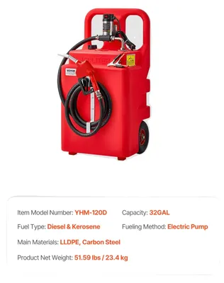 Immagine prodotto di Serbatoio portatile per carburante, capacità di 32 galloni, pompa di trasferimento elettrica, 32 galloni / 120 litri