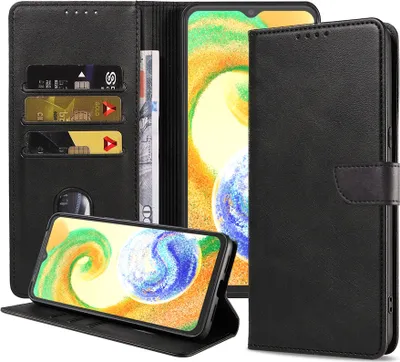 Produktbild von Geschikt voor Samsung Galaxy A04s Telefoonhoesje Kunstleer met Magnetisch lipje en Pasjeshouder Book Case met Klepje - Zwart - Smartphonica
