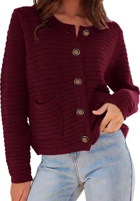 Produktbild von ASKSA Damen Strickjacke Rundhals Cardigan Knopfleiste Pullover Langarm Herbst Winter Grob Gestrickt Outerwear, Weinrot, M
