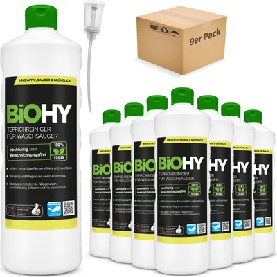 Produktbild von BIOHY Teppichreiniger für Waschsauger (9x1l Flasche) + Dosierer | geeignet für alle Waschsauger | entfernt Flecken und Schmutz mühelos | Reinigung und Pflege in nur einem Arbeitsgang