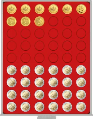 Image de Boîte à monnaie STANDARD avec 54 compartiments ronds pour pièces de monnaie - Lindner 2154 - Ø 25-75 mm - 2 EURO monnaies