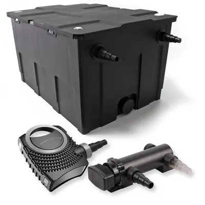 Zdjęcie produktu dla Kompletny zestaw SunSun: filtr do oczka wodnego CBF-550 do 60000 l jako filtr przepływowy, pompa do oczka wodnego NEO7000 SuperEco 7000 l/h 50 W, odstojnik do oczka wodnego CUV-318 z odstojnikiem UVC o mocy 18 W