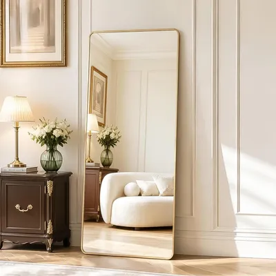 Image de Miroir mural de 165x60 cm avec support, bords arrondis, miroir pleine longueur, finition dorée