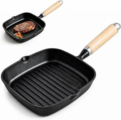 Produktbild von Grillpfanne 22 cm – Gusseisen-Steakpfanne mit Antihaftbeschichtung – Holzgriff – Ideal zum gleichmäßigen Garen
