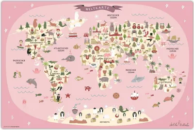 Produktbild von Schreibtischunterlage für Kinder – abwaschbar – Weltkarte in rosa mit Tieren – 60 x 40 cm – aus premium Vinyl - Germany - Mädchen