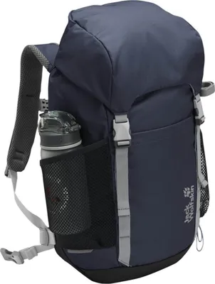 A navy blue Jack Wolfskin backpack with a water bottle in the side pocket.