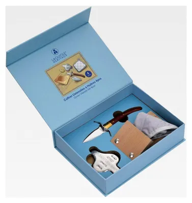 Produktbild von Austern-Set mit 4 Zubehörteilen - Austernmesser, Zitronenpresse, Austernblock, Topflappen - Edelstahl, Palisanderholz - Geschenkbox