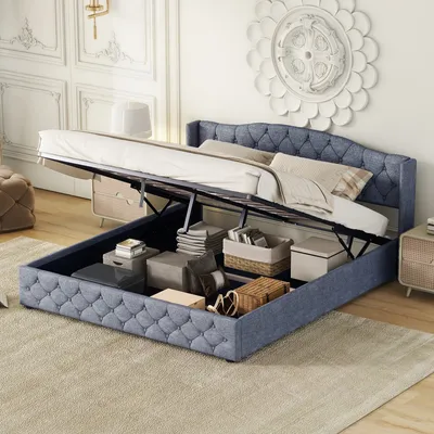 Immagine prodotto di Letto imbottito Merax 180x200cm, letto matrimoniale idraulico con contenitore e rivestimento in lino, grigio