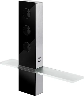 Produktbild von Turm Energiebox Design Edelstahl mit Glas schwarz - Schuko 3-fach und 2-fach USB / Steckdosen / USB-Port