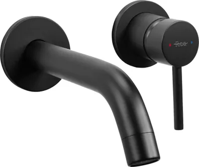 A black wall-mounted faucet and its control handle are shown against a white background.