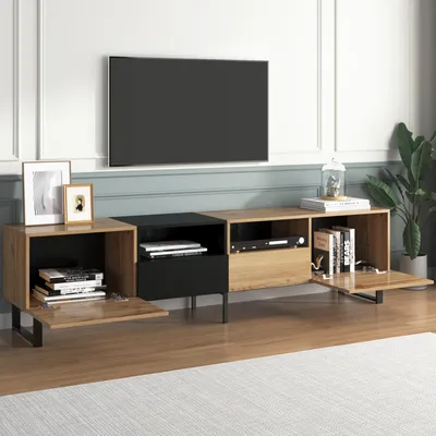 Obrázek produktu pro okwish Moderní TV skříňka 190*38*48 cm s prostorným úložným prostorem, robustní konstrukce černá a přírodní