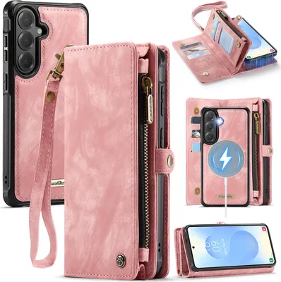 Produktbild von Schutzhülle für Samsung Galaxy S26+, Vintage Multifunktions Lederhülle, Kartenfächer, Reißverschluss Hülle Pink