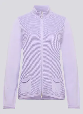 Produktbild von Rabe Strickjacke Lila Größe 42 mit Reißverschluss, Stehkragen und Rippenstruktur