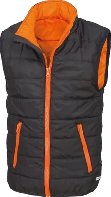 A black and orange puffer vest is shown against a white background.