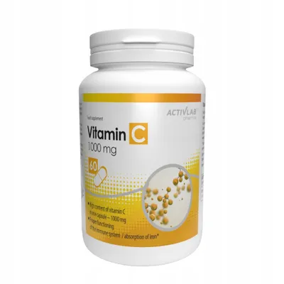 A white bottle of Vitamin C supplement with yellow and orange branding.