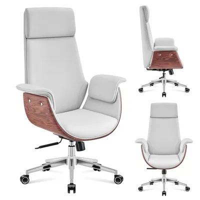 Produktbild von MARK ADLER Boss 8.2 White | Ergonomischer Bürostuhl Chefsessel Drehstuhl Modern | Wippfunktion | bis 130 kg belastbar | Kunstleder Holz | Weißgrau