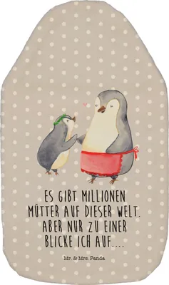 Produktbild von Mr. & Mrs. Panda Wärmflasche Pinguin mit Kind - Grau Pastell - Geschenk, Vorbild Mama, Wärmflaschen Bezug, Mutter, Muttertag, Mami, naturkautschuk, Wärmeflasche, Familie