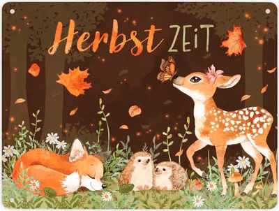 Produktbild von Tiere des Waldes Metallschild XL in 21x28 cm mit Spruch Herbstzeit
