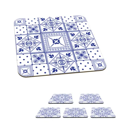 Obrázek produktu pro KitchenYeah® Skleněné podtácky Čtvercová sada 6 dlaždic - vzor - Delft Blue 10x10 cm Podtácky na sklenice - Podtácky na nápoje - Ochrana desky stolu - Podtácky na šálky Stolní bar Gla