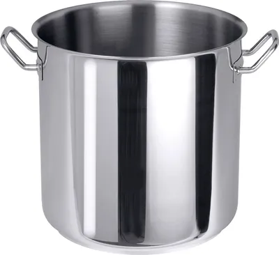 A stainless steel pot with handles on a white background.