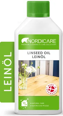 Produktbild von Nordicare Leinöl [500ml] für Holz zum Holzschutz I Leinöl Firnis Holzöl für Innen I Gekochtes Leinöl für Möbel Holz Öl, Leinenöl Holz