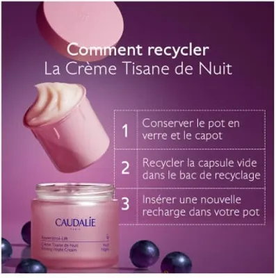 An instructional image showing how to recycle a Caudalie night cream jar and refill.