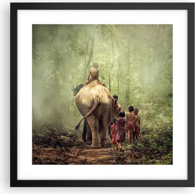 Produktbild von Gerahmtes Poster - Schwarzer Rahmen - Elefant Dschungel Nebel - 40x40 cm - Wand Bild - Wanddeko - Wandbilder - Wandposter - Bilderrahmen - Bilder - Kunstdruck - Wandbild - P2BAC40x40-3438