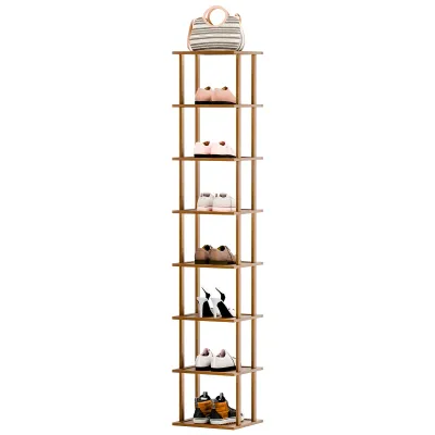 Produktbild von Vertikales Schuhregal mit 5/6/7/8 Ebenen, schmales Schuhregal aus Bambus, kleiner Schuh-Organizer, platzsparendes Eckschuhregal, hoher Schuhturm, freistehendes Schuhregal für Eingangsbereich, Schrank