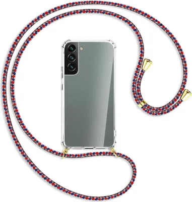 Produktbild von Handykette Backcover-Schutzhülle mit Band (Metall goldfarben) für Samsung Galaxy S22 5G (S901) - silber/blau/rot