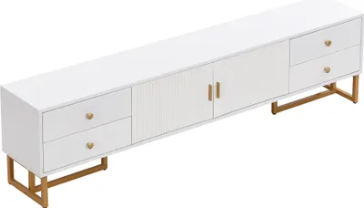 Image de Fortuna Lai Meuble TV bas avec porte structurée, tiroirs, poignées et pieds dorés, blanc et or