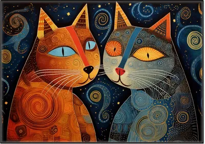 Produktbild von Wallario Wandbild Kosmische Katzenfreunde, Größe: 70,30 x 100,30 cm, Poster mit schwarzem Aluminiumrahmen