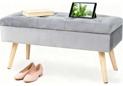 Image de Banc avec rangement, dimensions 80 x 35 x 43 cm, revêtement en velours, pieds en bois, couleur gris