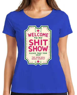 Productafbeelding van Welkom bij mijn chaotische show. Sarcastisch, grappig. Dames T-shirt, blauw, maat L