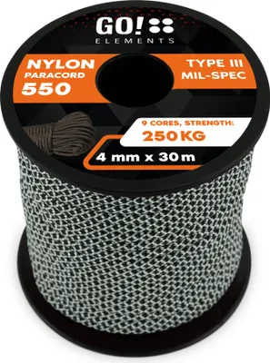 Produktbild von GO!elements 30m Paracord Seil aus reißfester Nylonschnur - 4mm Paracord 550 Typ III Schnur - geeignet als Allzweckseil & Reepschnur - Max. 250kg, Farbe: Schwarz-Weiß
