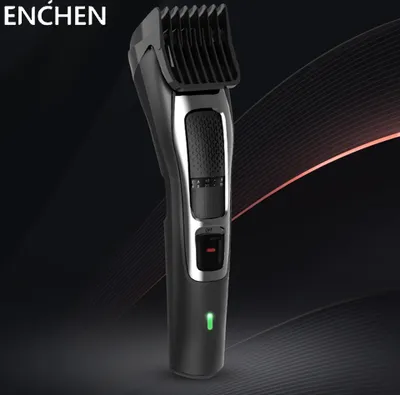 A close-up marketing image of a black and silver electric hair clipper against a dark, abstract background with subtle red and white wavy lines.