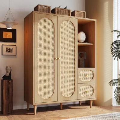 Produktbild von MODFU Kleiderschrank Eingangsschrank Landhausstil mit Kleiderstange und offene Regale Aufbewahrungsschrank mit 2 Schubladen für Schlafzimmer und Flur Eiche