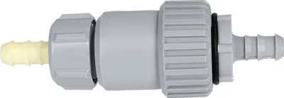 A gray and yellow plastic backflow preventer for a condensate dryer drain hose.