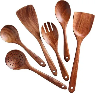 Image de Ustensiles de cuisine en bois - Set d'ustensiles de cuisine - Support en bois - Set d'ustensiles de cuisine avec support en bois - Set d'ustensiles de cuisine en bois - Cuillères en bois - Pot à cuillères - Cuillères à soupe - Set de cuillères en bois -