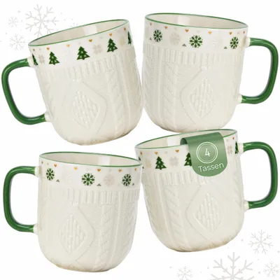 Produktbild von Kaffeetassen 4er Set in Weiß mit Winter Strick Design