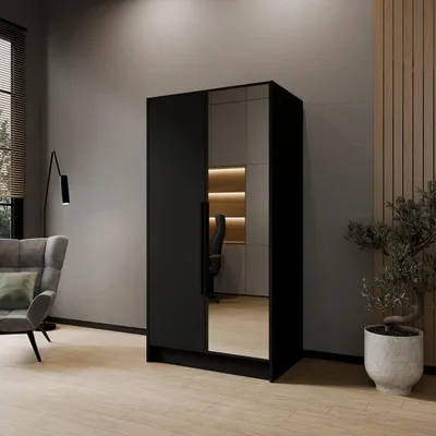 Image de Armoire à portes battantes LARO 100 cm Armoire moderne avec miroir et portes lisses, noir avec poignées noires