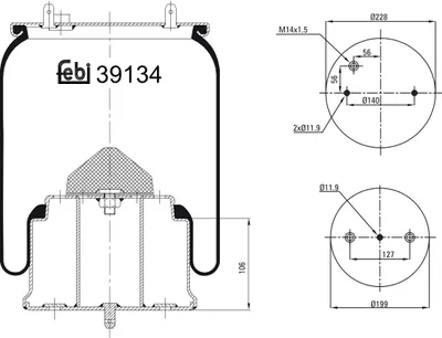 Produktbild von FEBI BILSTEIN Luftfederbalg 39134 Hinten Links Hinten Rechts 370mm 106mm 228mm 199mm