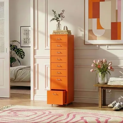 Obrázek produktu pro Kolečkový kontejner „Kökar“ s 8 zásuvkami, ocel, 109 x 28 x 41 cm, oranžový