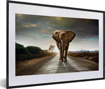 Produktbild von MuchoWow® Gerahmtes Poster Elefant - Straße - Tiere - Sonnenuntergang - Landschaft 60x40 cm - Poster mit Schwarzem Bilderrahmen Wandposter Rahmen Foto Bilder - Schlafzimmer - Plakat in Rahmen - Drucken