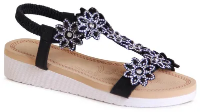 Produktbild von topschuhe24 2394 Damen Keil Sandalen Glitzer Sandaletten Blume, Farbe:Schwarz, Größe:37 EU