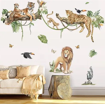 Productafbeelding van Famanu Wandstickers: Dieren van de jungle - Safari: Leeuw, luipaard, tijger