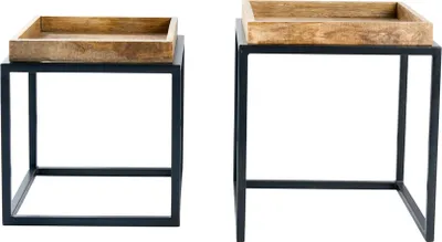 Zdjęcie produktu dla riess-ambiente zestaw 2 stolików bocznych SERVITEUR 50cm naturalne drewno mango czarna metalowa rama stoliki kawowe solidny stolik kawowy stolik