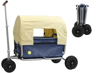 A blue and yellow folding wagon with a canopy and a folded version of the wagon in the background.