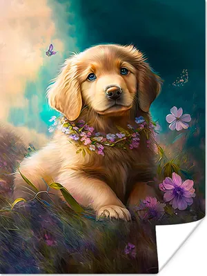 Produktbild von MuchoWow® Poster Welpe - Blumenkranz - Schmetterling - Hund - Golden Retriever 30x40 cm - Wandplakat - Poster Kinderzimmer